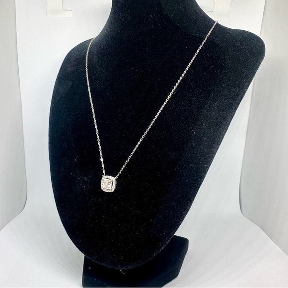 Moissanite Diamond Necklace 1 Carat Princess Cut Halo Floatings Necklace 925 18K - Picture 7 of 12